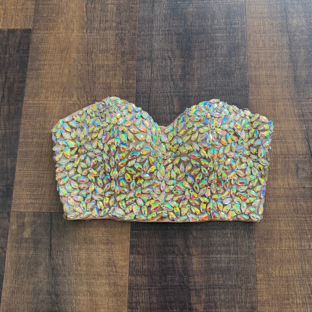 Marciano Rhinestone Strapless Bustier Corset Top Nude Iridescent Size XS